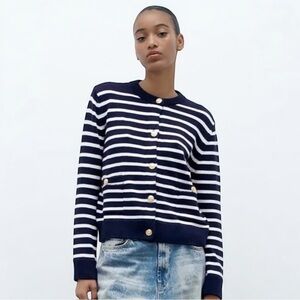 Zara Striped Cardigan with Gold Accents - Navy and White Striped with Gold